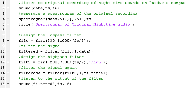 MATLAB code used to filter recording of nighttime noises to hear bat noises more clearly